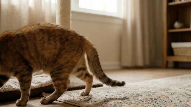 A playful brown tabby cat exploring a cozy living room with soft curtains and a comfortable cat bed