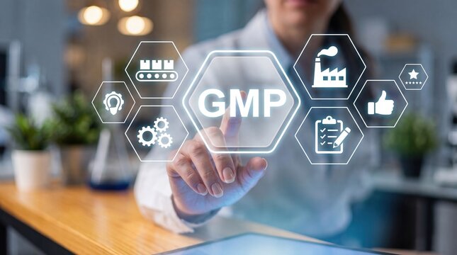 Professional scientist interacting with gmp quality control interface in laboratory