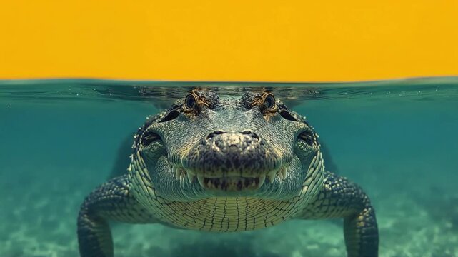 Alligator swimming underwater showing head and teeth in clear blue liquid with yellow background for creative video motion footage