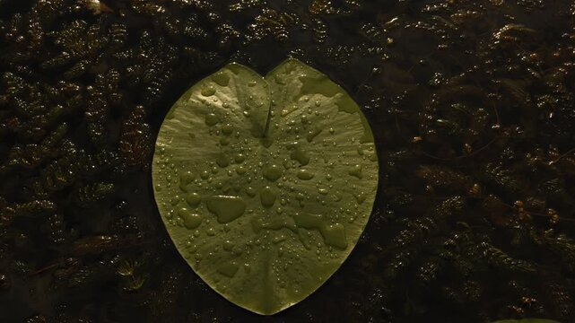 Close-up of water droplets on lily pads floating on dark pond water