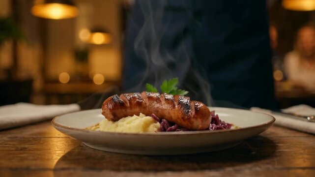 A chef serving a hot plate of sausage with mashed potatoes and purple cabbage in a cozy restaurant setting