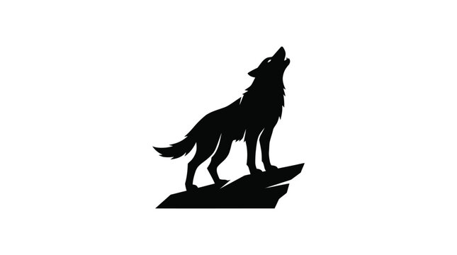 Majestic black silhouette of a howling wolf standing on a jagged rock against white background