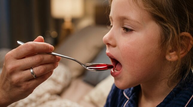 Caring mother giving red cough syrup on a spoon to her sick little daughter. Home healthcare and family concept. Generative AI