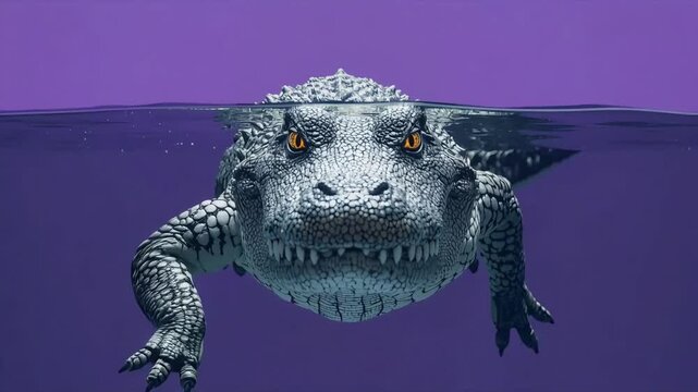Alligator swimming motion footage showing a dangerous predator moving through purple water in a highly detailed cinematic digital animation