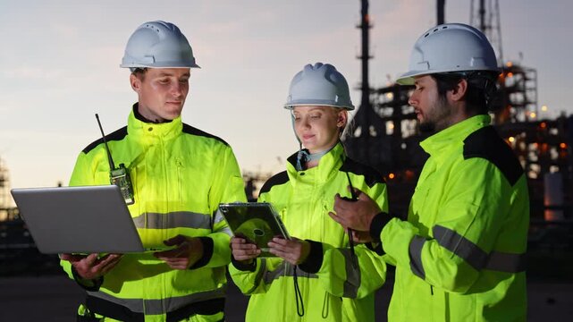 Construction team collaborating at dusk industrial site digital work urban setting professional perspective teamwork and innovation