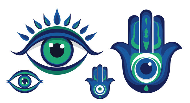 Hamsa hand and evil eye spiritual protection symbols in blue tones