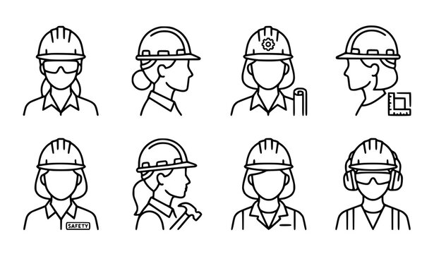 Women construction worker head with safety hard hat outline icon set vector