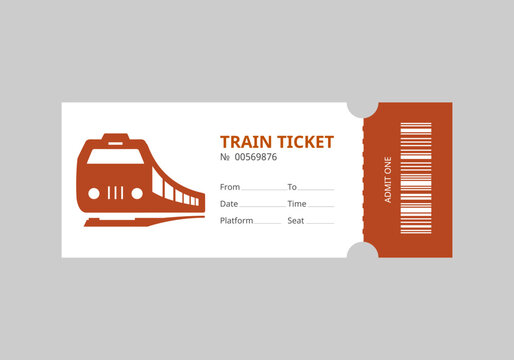 Train Ticket Template with Barcode and Railway Transport Icon