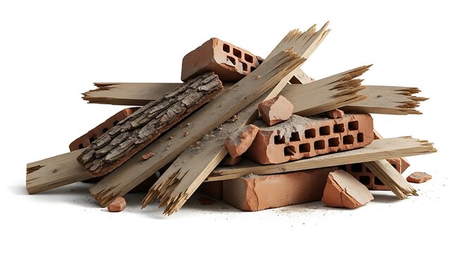 pile of wood and broken bricks.