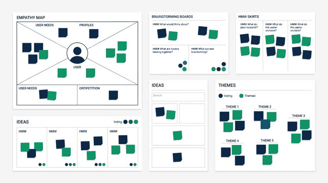 Professional UX design kit for user empathy mapping, brainstorming sessions, and thematic idea organization on a digital whiteboard