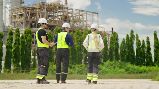 Industrial safety meeting among workers manufacturing plant photography outdoor wide shot team collaboration