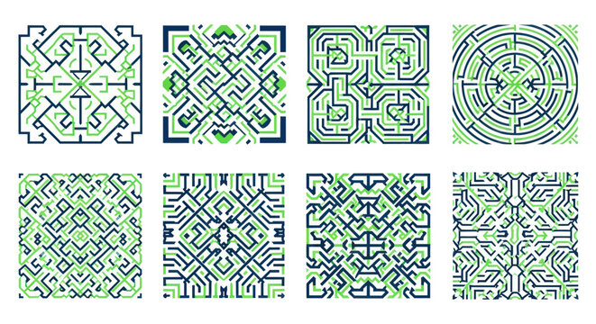 Abstract geometric maze and labyrinth patterns in blue and green