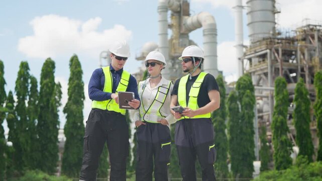 Team collaboration in industrial settings factory site business activity outdoor environment group interaction efficiency focus