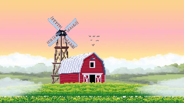 Pixel art of a red barn with a windmill at sunset, surrounded by lush green fields. A nostalgic representation of rural life and agriculture