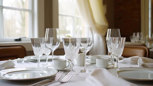 Elegant dining table set with fine glassware and tableware, creating a sophisticated atmosphere for special occasions and fine dining experiences