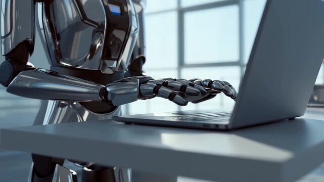 Futuristic robot typing on a laptop in a modern office environment. Represents the integration of technology and artificial intelligence in the workplace