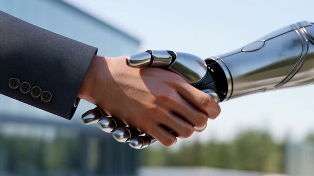 Human and robot handshake symbolizing collaboration and innovation in technology. A partnership between humans and machines for a better future