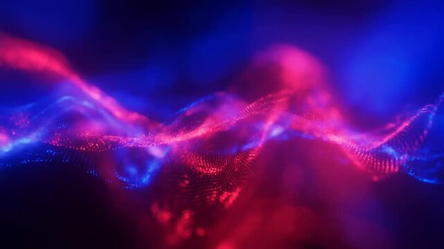 Abstract colorful wave patterns in blue and red hues. Visual representation of sound waves and digital data flow, ideal for technology and music themes