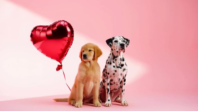Adorable golden retriever and dalmatian puppies sitting together with a heart-shaped balloon. Symbolizing love, companionship, and joy in pet ownership