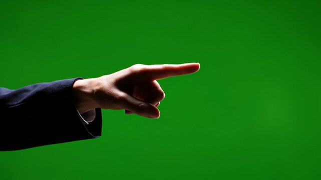 Business hand pointing gesture on green screen chroma key background, finger
