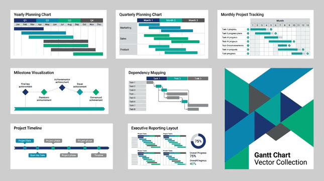Project management presentation template set featuring gantt charts timelines and business infographics