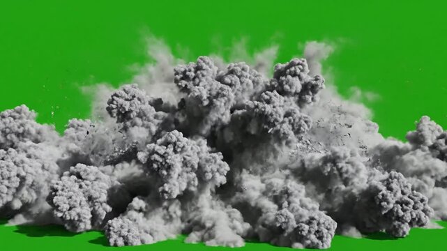 Building demolition explosion with massive smoke cloud isolated on green screen destruction collapse