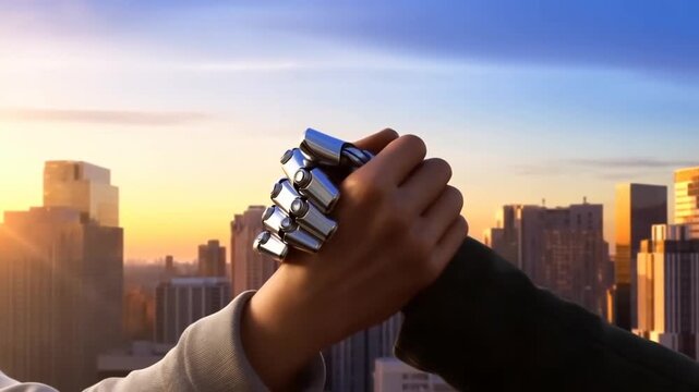 Futuristic robotic hand reaching out towards a human hand against a city skyline at sunset. Symbolizes the merging of technology and humanity