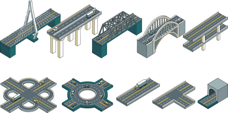 Isometric bridge and highway road vector collection set featuring suspension flyover arch steel truss structures roundabouts junctions intersections and tunnels elements isolated on white background
