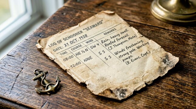 Weathered Logbook of Schooner Seaward on Rustic Wooden Table