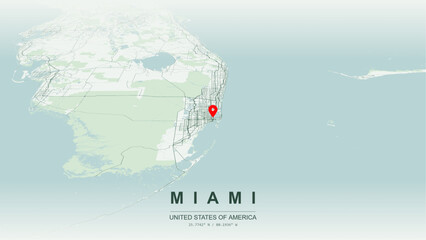 Obraz premium Modern minimalist vector map of Miami, Florida, USA. High-quality scalable illustration of Miami Downtown and Brickell city grid, Biscayne Bay artificial islands layout for posters design.