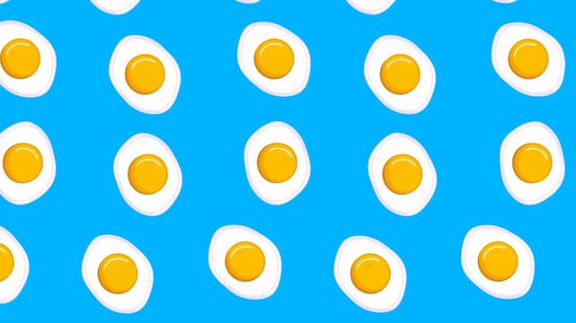Colorful animated background featuring repeating patterns of fried eggs on a vibrant blue backdrop. Ideal for food-related projects and culinary themes