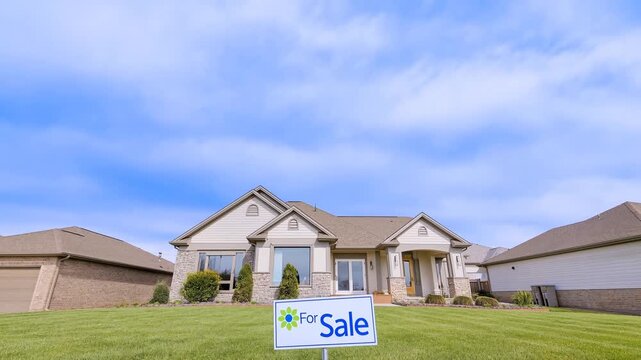 Modern suburban home with a "For Sale" sign in the front yard. Ideal property for potential buyers seeking a new residence in a desirable neighborhood