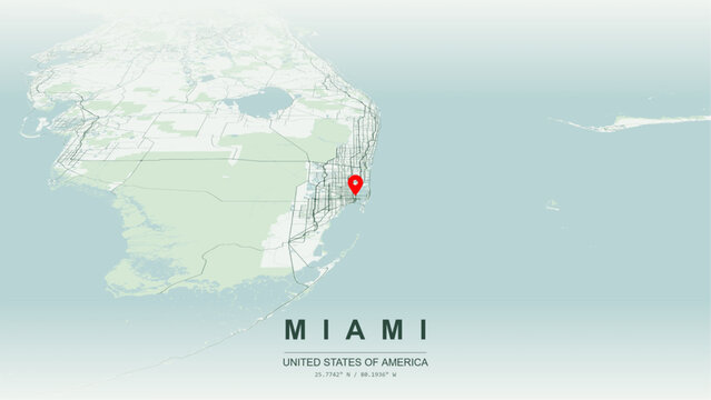 Modern minimalist vector map of Miami, Florida, USA. High-quality scalable illustration of Miami Downtown and Brickell city grid, Biscayne Bay artificial islands layout for posters design.