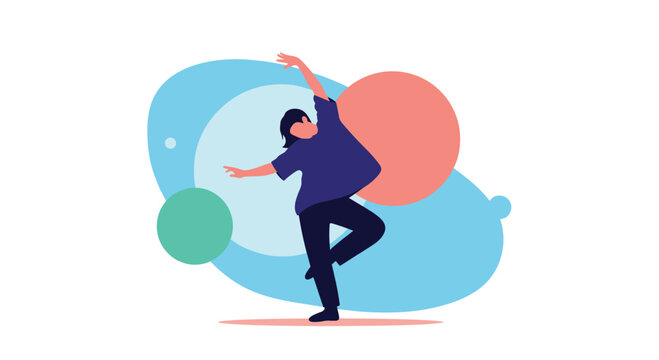 Modern abstract illustration of a person dancing with fluid movements against a background of large colorful circles and organic shapes.
