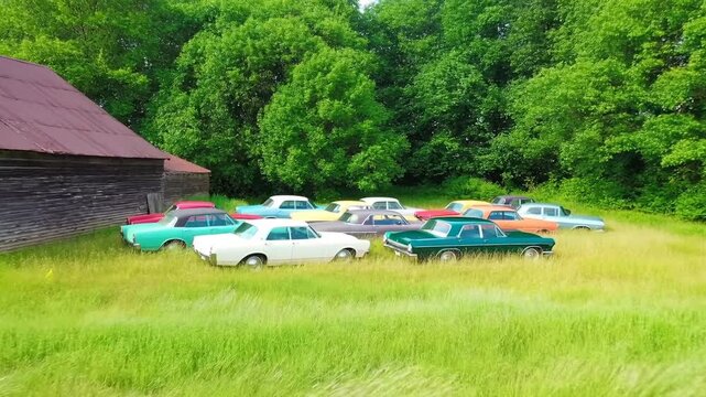 Abandoned vintage cars in a grassy field near a rustic barn. A nostalgic glimpse into classic automotive history and the passage of time