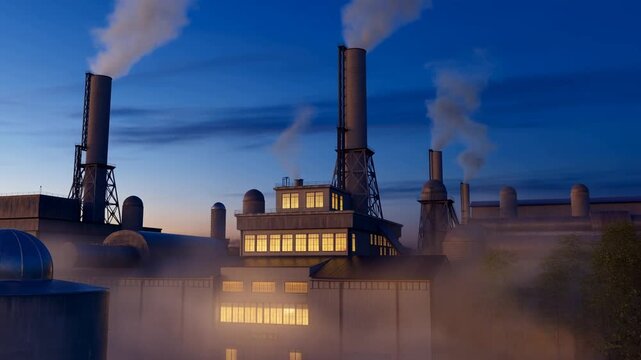Industrial factory at dusk with illuminated windows and smoke stacks. Represents manufacturing, energy production, and urban development