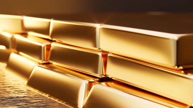 Close-up of gleaming gold bars stacked elegantly. Symbolizing wealth, investment, and luxury in finance and commerce