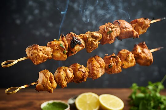 Juicy barbecue chicken kebabs on metal skewers high resolution picture