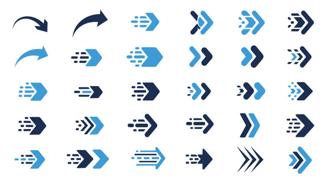 Modern collection of dynamic arrow icons in blue shades featuring different designs for navigation, interface buttons, and showing fast motion.