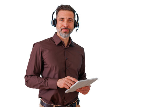 Mature man wearing headset and holding tablet, providing online customer service and support, transparent background