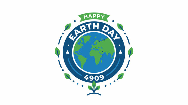 Happy Earth Day Circle Logo with Planet Earth and Leaves