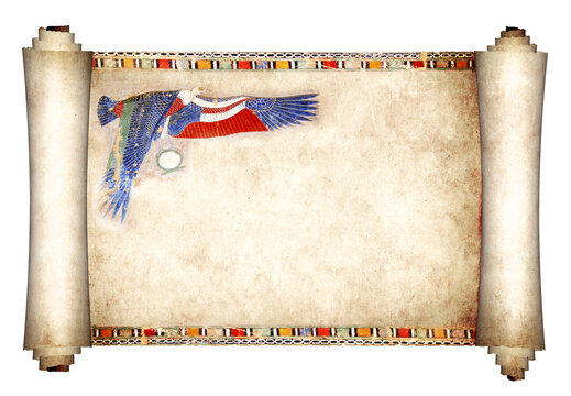 3d papyrus with egyptian eagle and ankh, creating a sense of grandeur and regality. Old parchment with eagle. Isolated on white. Ancient scroll that evokes atmosphere of Egypt. Copy space for text