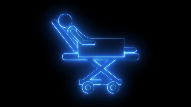 Glowing neon medical Stretcher icon isolated on black background. Medical stretcher with a patient icon for emergency transport and healthcare services. 4k video animation. 