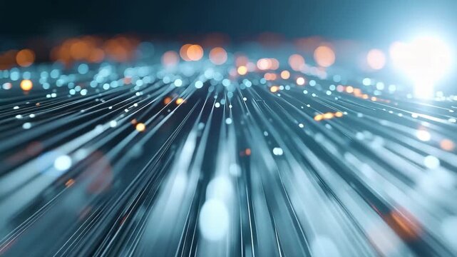 Abstract Fiber Optic Data Network Technology Glowing Motion, Digital Connection, Bokeh Lights