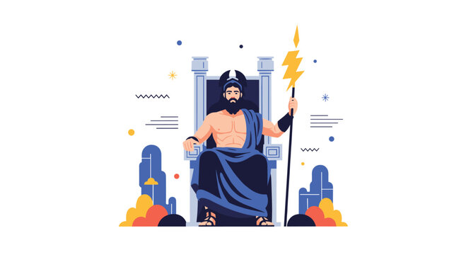 Powerful Greek god Zeus sitting on his celestial throne while holding a glowing golden lightning bolt amidst stylized clouds and mountains.