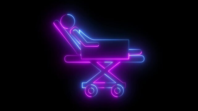 Glowing neon medical Stretcher icon isolated on black background. Medical stretcher with a patient icon for emergency transport and healthcare services. 4k video animation. 