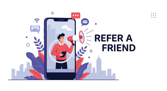 Digital referral program marketing banner showing a man with a megaphone on a smartphone screen to encourage customers to refer a new friend.