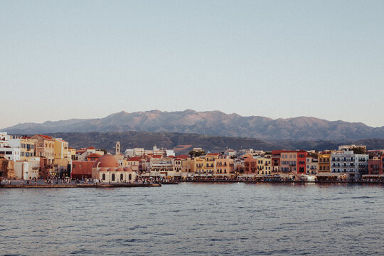 venetian port panorama of hania town in crete greece at sunset