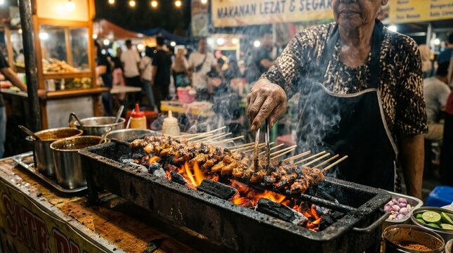Indonesian cuisine feast with satay and rice alongside cold refreshments