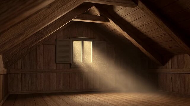 Sunlight streaming through a dusty attic window, creating a warm and nostalgic atmosphere. A serene space evoking memories and hidden treasures
